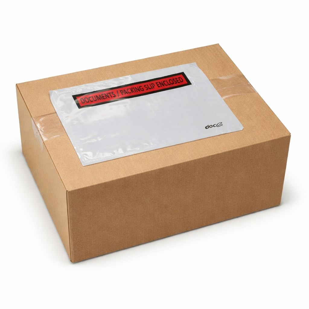 115MM X 150MM WHITE DOCUMENT/PACKING SLIP ENCLOSED ENVELOPES (TEXT: BLK ON RED) - CTN 1000