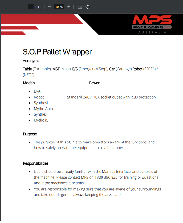 Pallet wrapper safe operating procedure – MPS Packaging Australia
