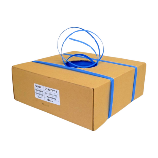 15MM x 1000M BLUE PLASTIC HAND STRAPPING ROLL - IN CARTON